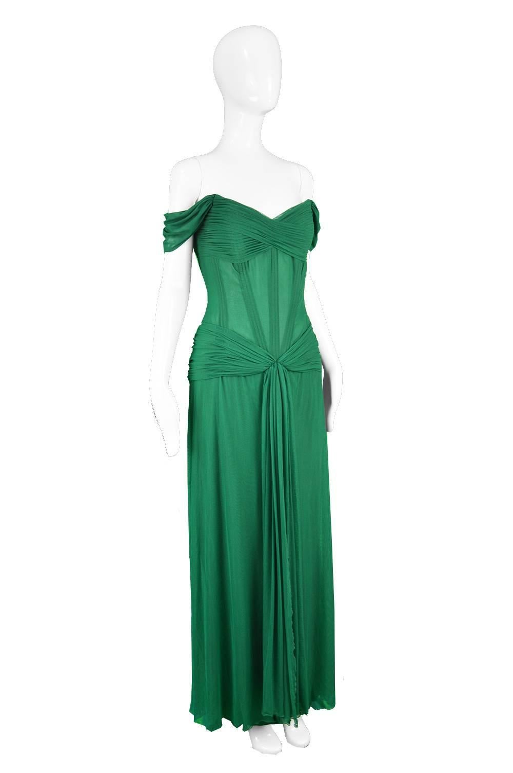 Vicky Tiel Couture 24-Boned Green Jersey Off the Shoulder Evening Gown, 1990s 1