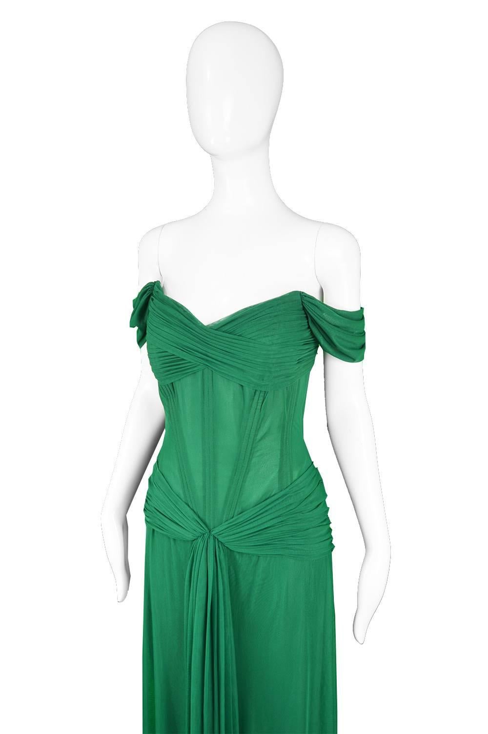 Women's Vicky Tiel Couture 24-Boned Green Jersey Off the Shoulder Evening Gown, 1990s