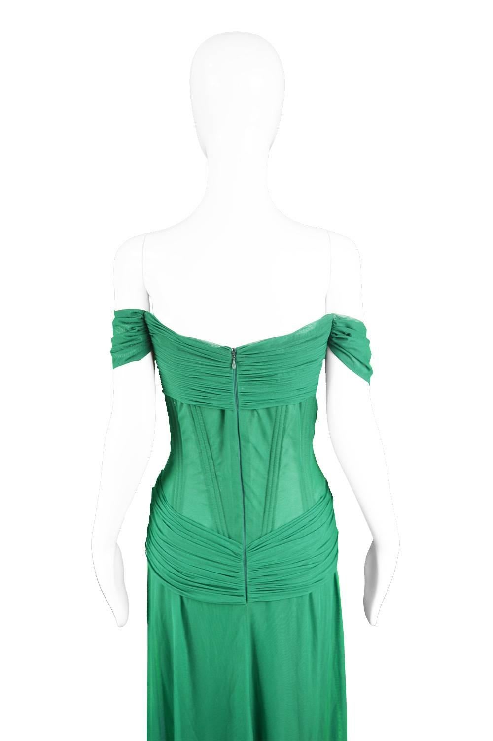 Vicky Tiel Couture 24-Boned Green Jersey Off the Shoulder Evening Gown, 1990s 3