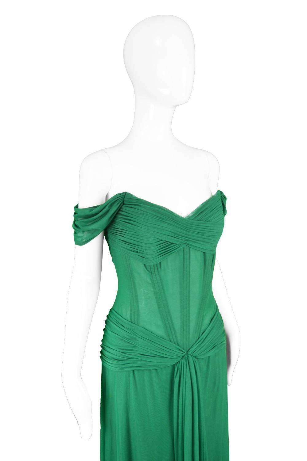 Vicky Tiel Couture 24-Boned Green Jersey Off the Shoulder Evening Gown, 1990s 2