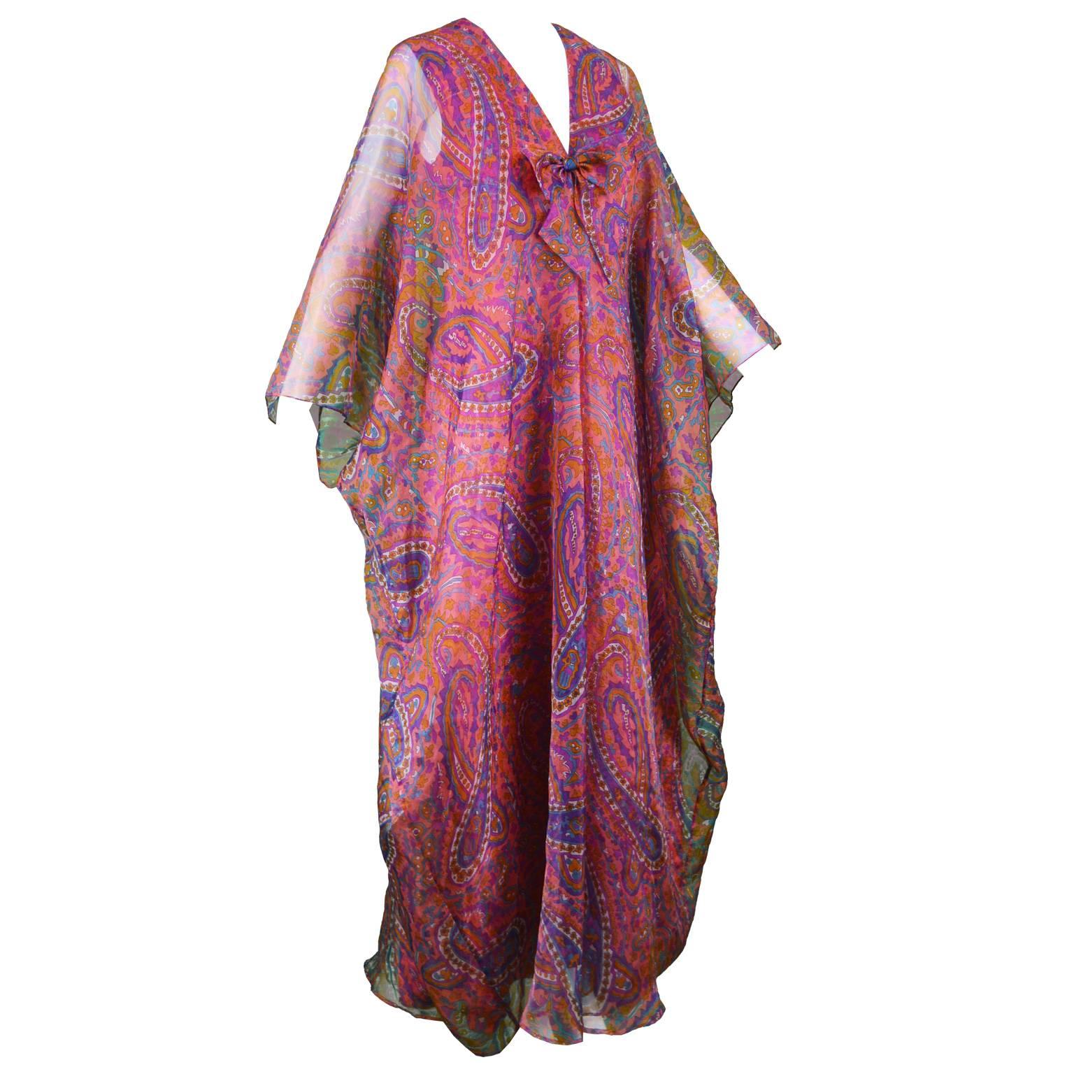 Jean Allen Vintage Pink and Orange Paisley Organza Kaftan Dress, 1970s For Sale