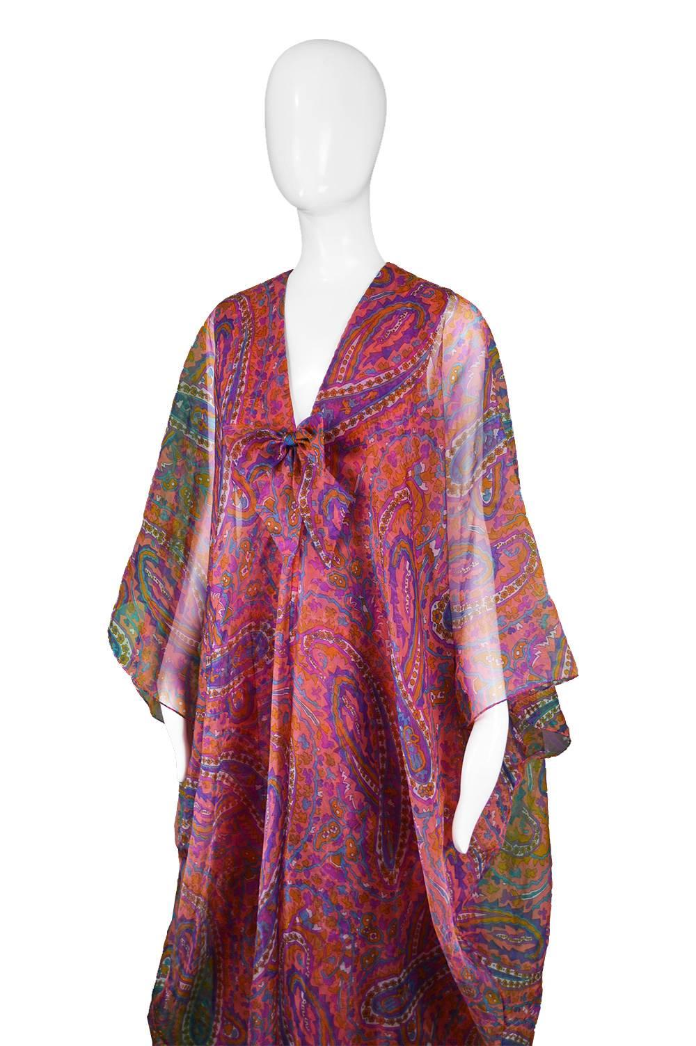 Jean Allen Vintage Pink and Orange Paisley Organza Kaftan Dress, 1970s In Excellent Condition For Sale In Doncaster, South Yorkshire