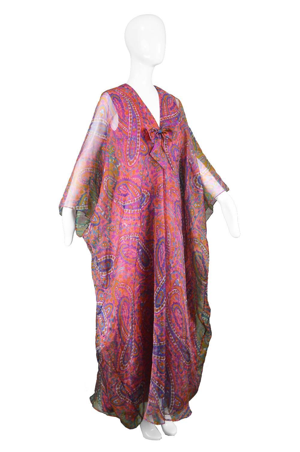 Jean Allen Vintage Pink and Orange Paisley Organza Kaftan Dress, 1970s For Sale 1