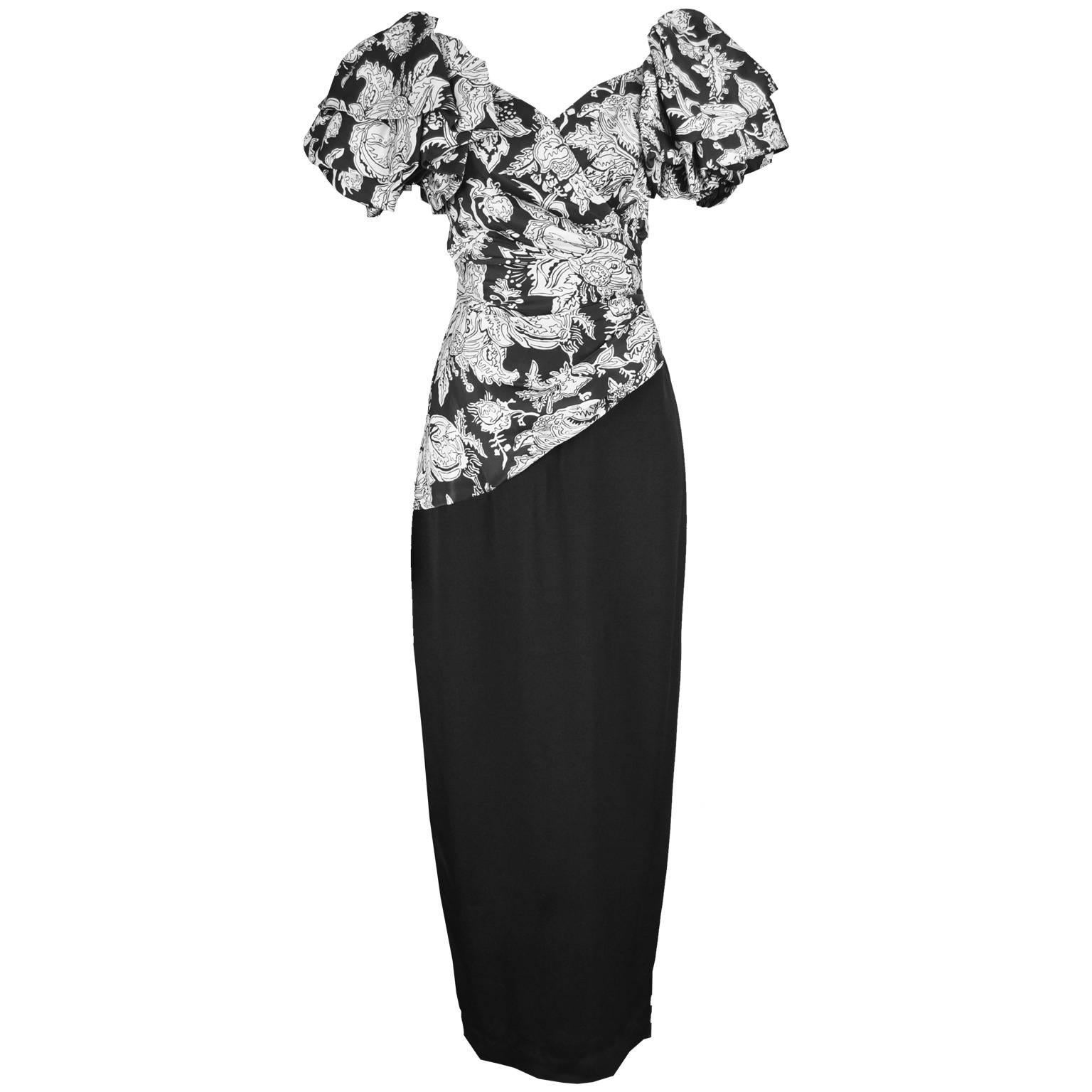 Mignon Vintage Black & White Floral Tiered Ruffle Sleeve Evening Gown, 1980s For Sale