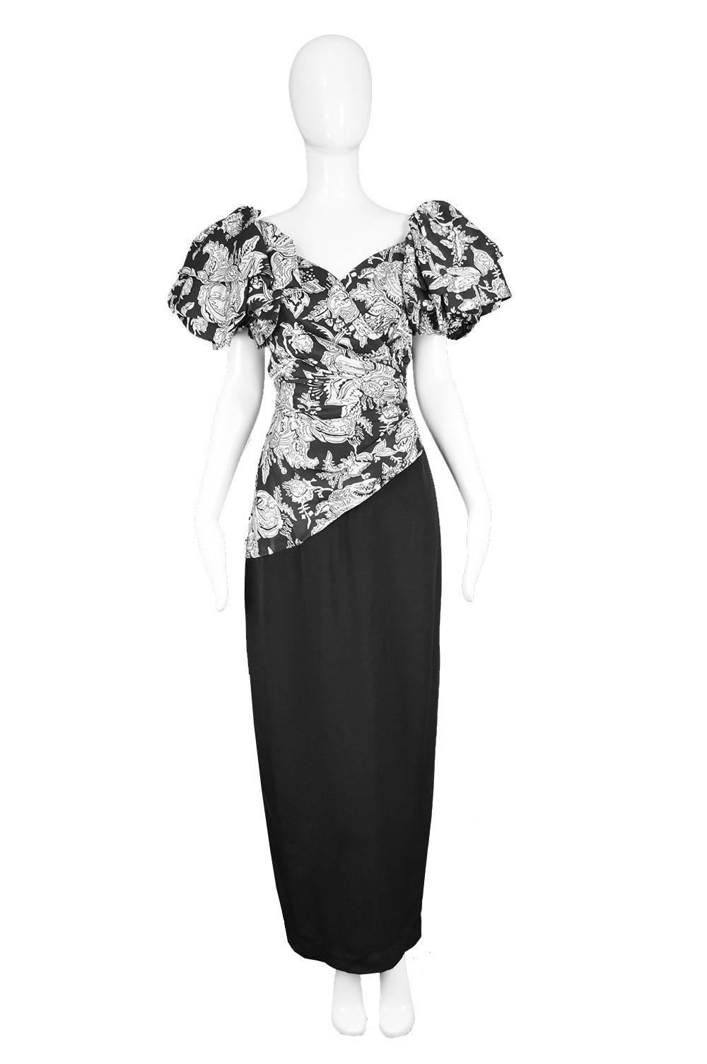 Mignon Vintage Black & White Floral Tiered Ruffle Sleeve Evening Gown, 1980s

Estimated Size: UK 10-12/ US 6-8/ EU 38-40. Please check measurements.  
Bust - 36” / 91cm
Waist - 28” / 71cm
Hips - 40” / 101cm
Length (Shoulder to Hem) - 59” /