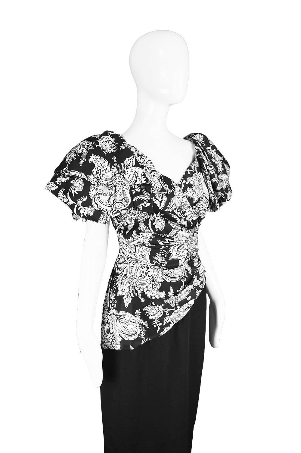 Women's Mignon Vintage Black & White Floral Tiered Ruffle Sleeve Evening Gown, 1980s