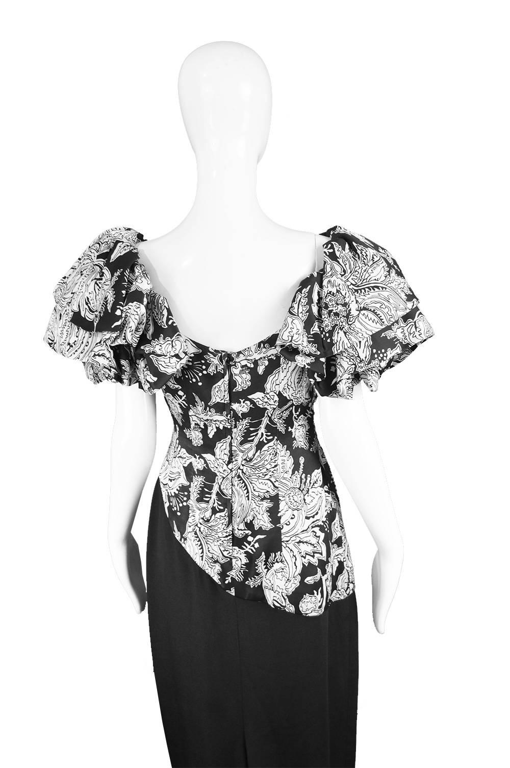 Mignon Vintage Black & White Floral Tiered Ruffle Sleeve Evening Gown, 1980s 3