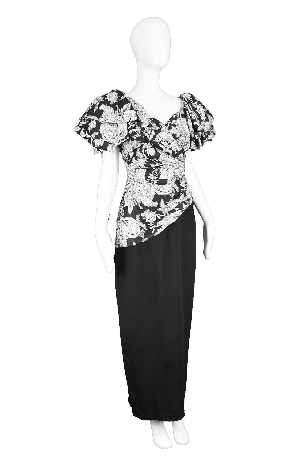 Mignon Vintage Black & White Floral Tiered Ruffle Sleeve Evening Gown, 1980s For Sale 2