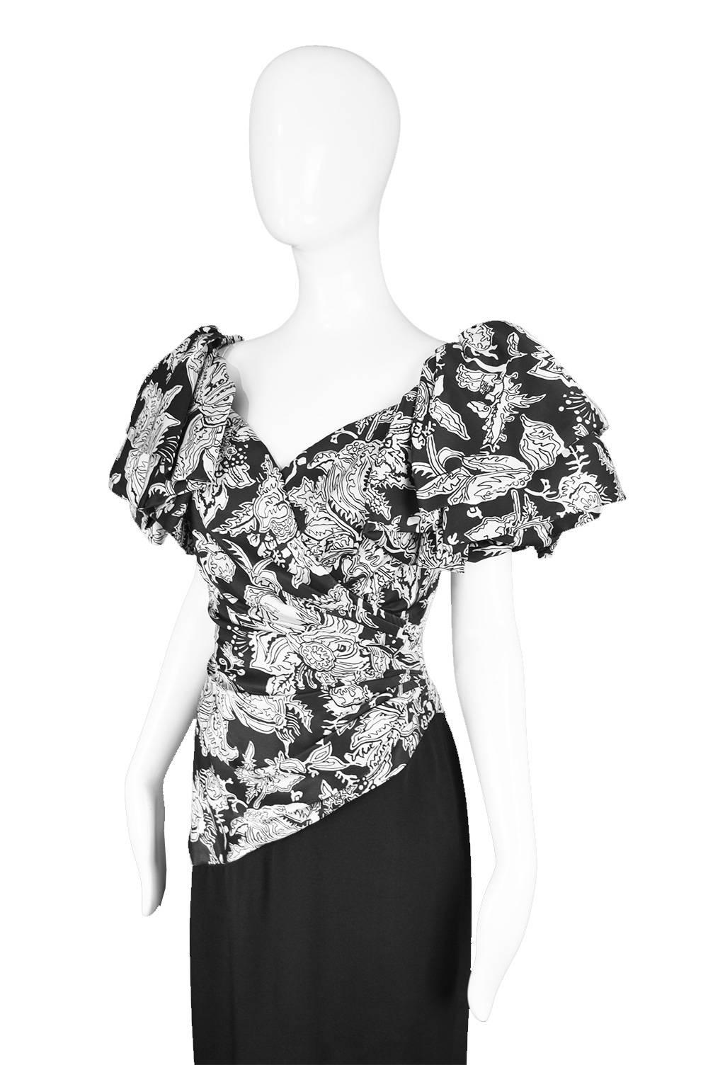 Mignon Vintage Black & White Floral Tiered Ruffle Sleeve Evening Gown, 1980s In Good Condition In Doncaster, South Yorkshire