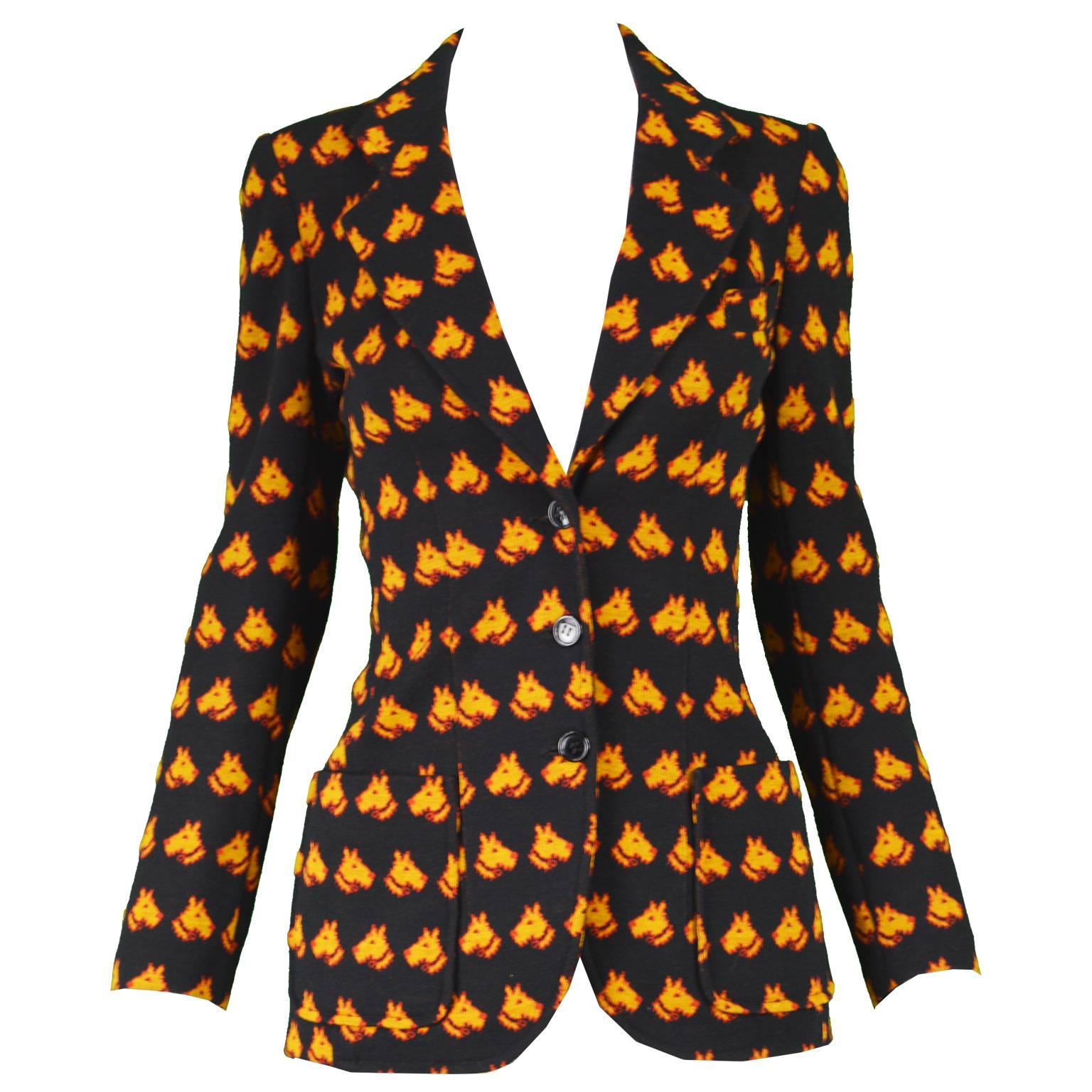 Krizia Vintage 1970s Black & Orange Scottie Dog Intarsia Knit Blazer Jacket For Sale