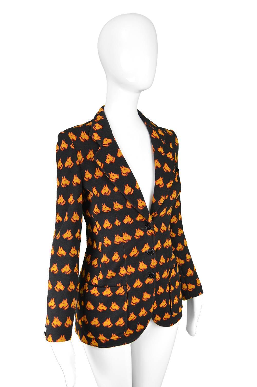 Krizia Vintage 1970s Black & Orange Scottie Dog Intarsia Knit Blazer Jacket In Excellent Condition For Sale In Doncaster, South Yorkshire