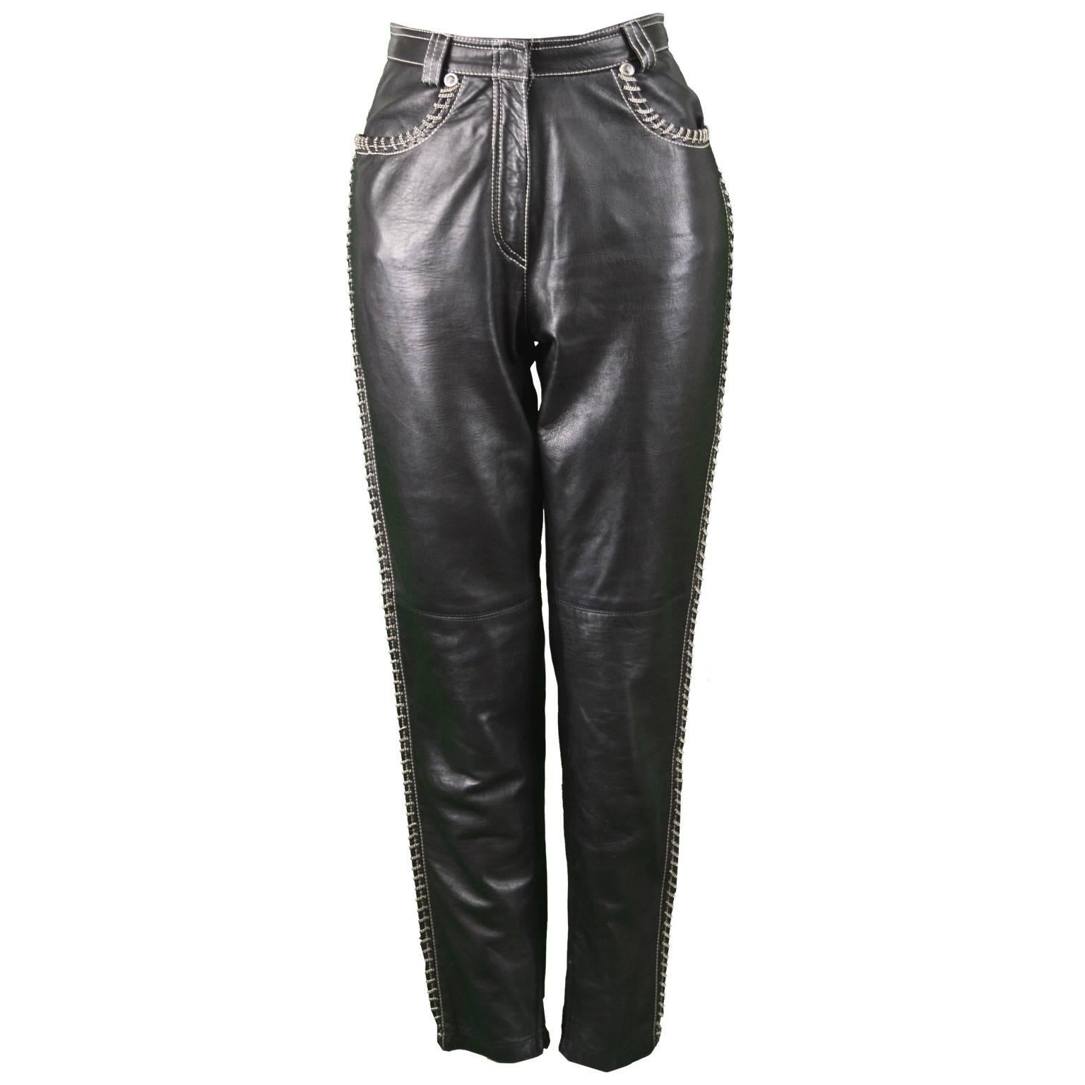 Gianni Versace Vintage Chain Embroidered Black Leather Pants, 1990s