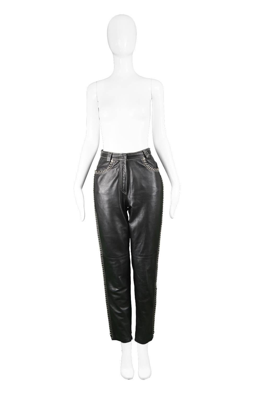 Gianni Versace Vintage Chain Embroidered Black Leather Trousers, 1990s

Estimated Size: UK 8/ US 2/ EU 36. Please check measurements. 
Waist - 26” / 66cm
Hips - 40” / 101cm
Rise - 12” / 30cm
Inside Leg - 30” / 76cm

Condition: Excellent Vintage