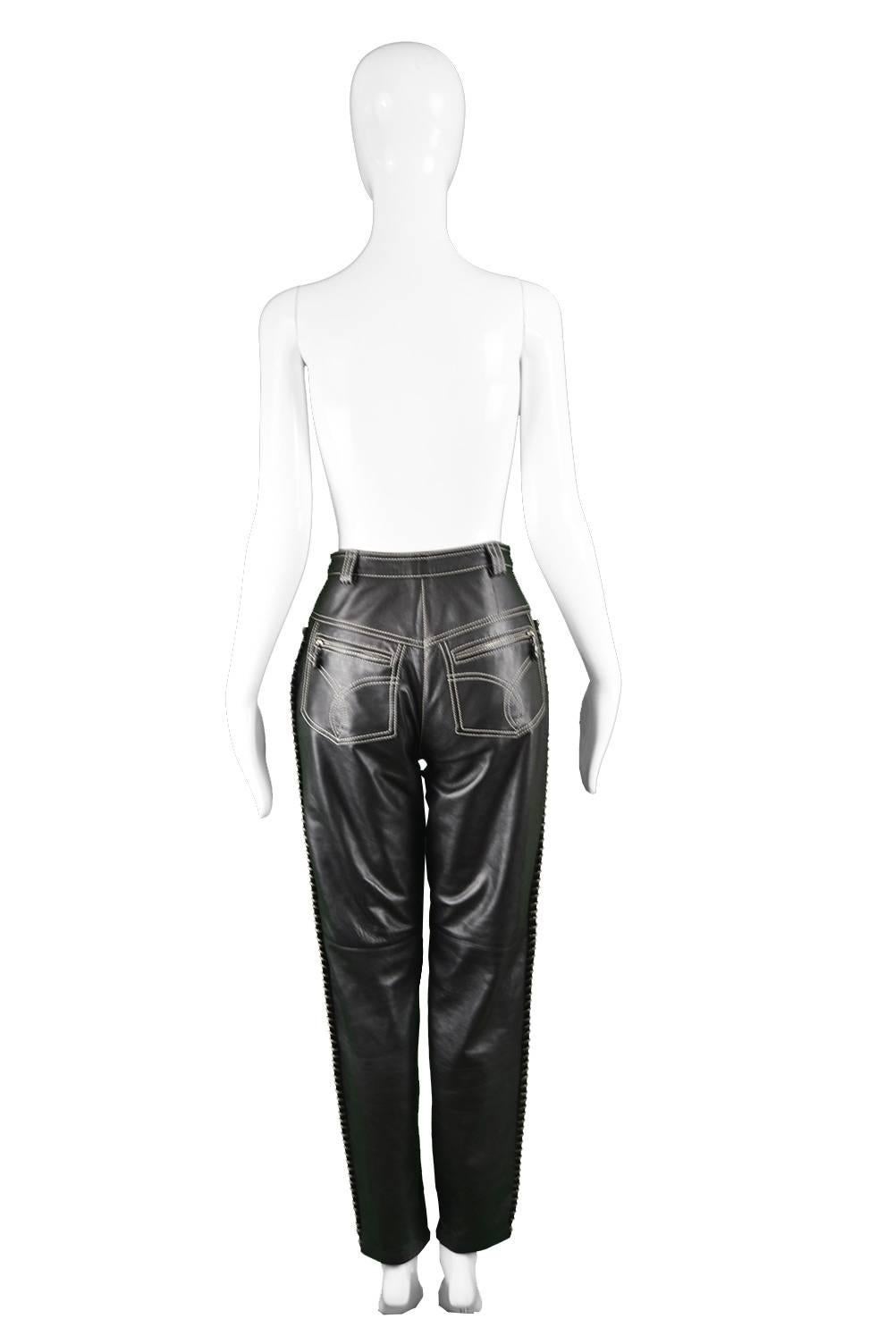 Gianni Versace Vintage Chain Embroidered Black Leather Pants, 1990s In Good Condition In Doncaster, South Yorkshire