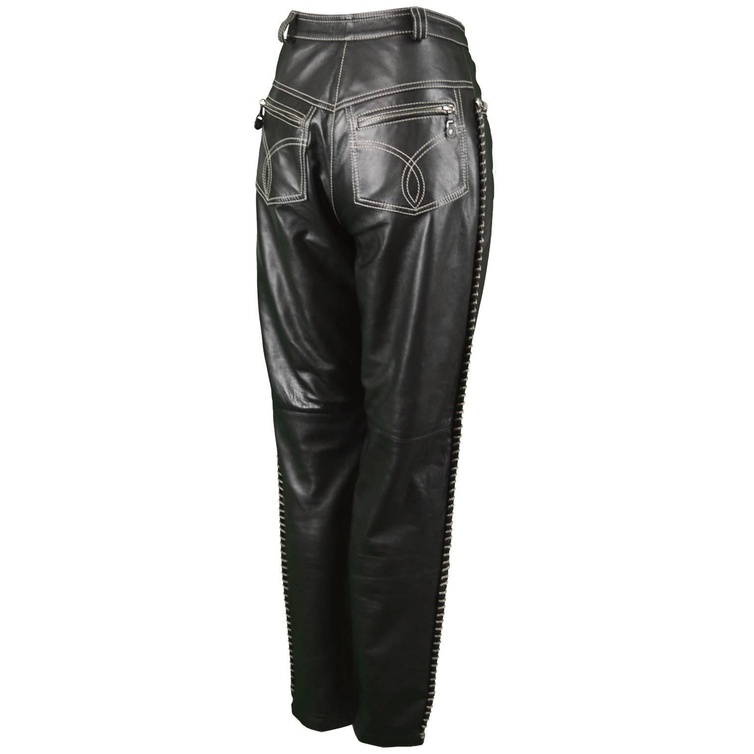 Gianni Versace Vintage Chain Embroidered Black Leather Pants 