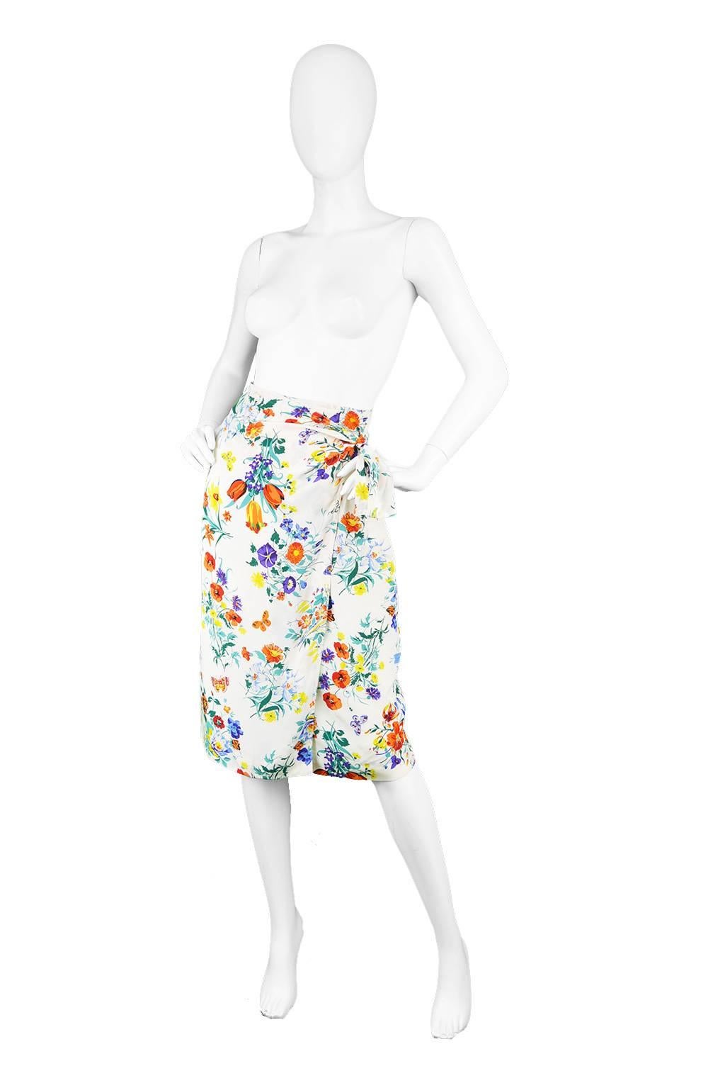 Gucci Vintage White Silk Floral Print Sarong Wrap Skirt, 1980s  1