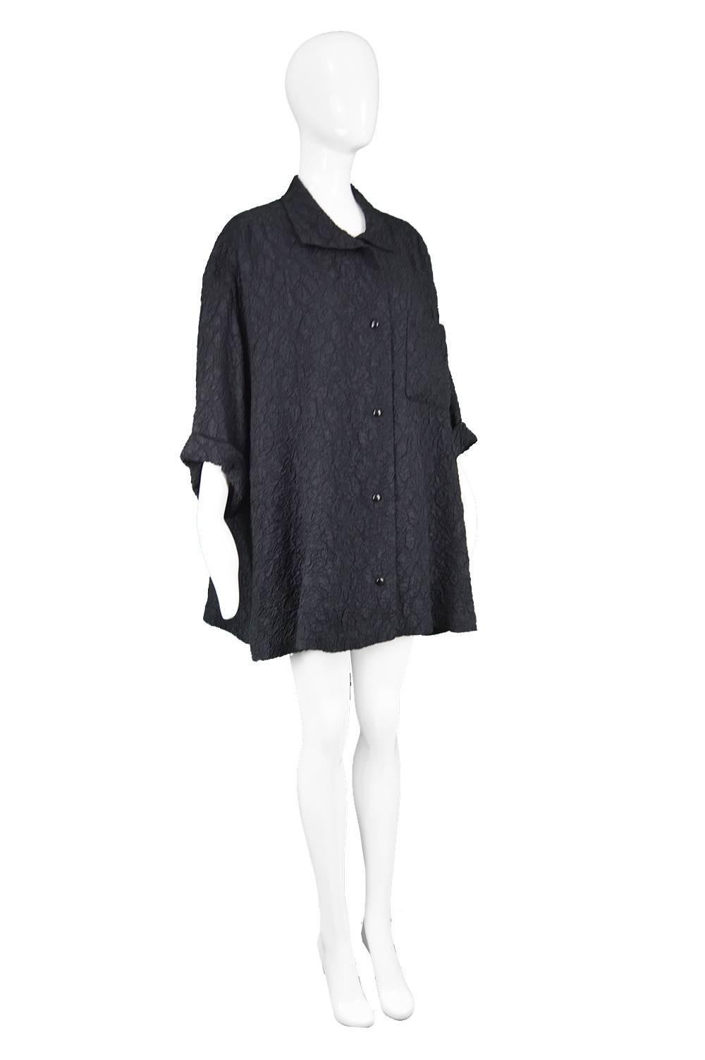 Women's Christian Dior Haute Couture Black Silk Cloqué Vintage Trapeze Jacket, A/W 1985 For Sale