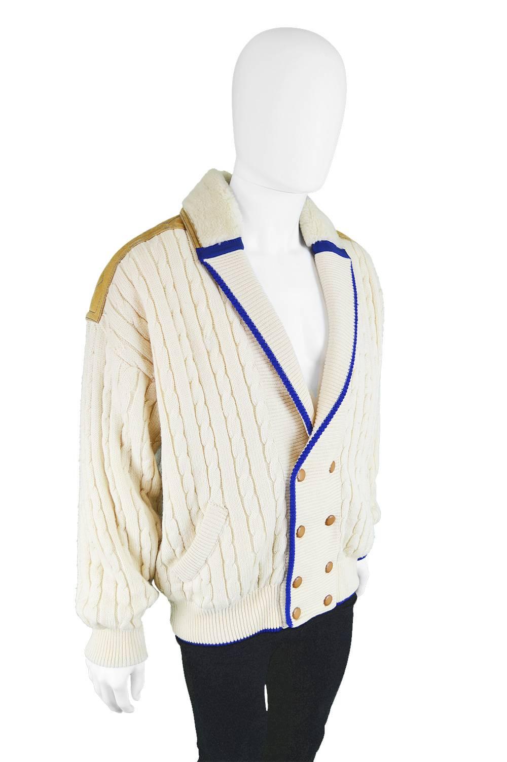 Pancaldi Vintage Men's Sheepskin Shearling & Wool Cable Knit Jacket, 1980s 1