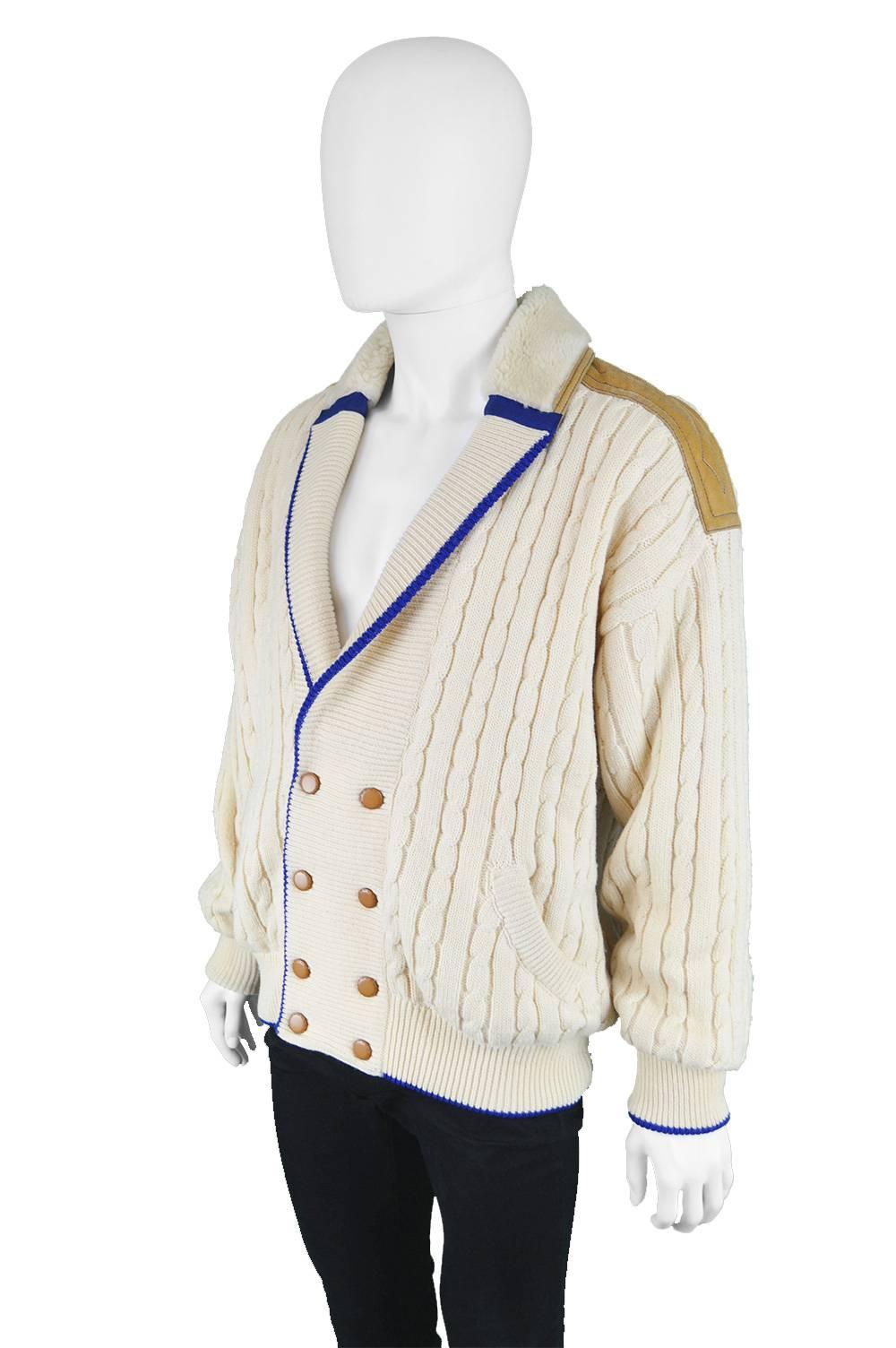 Beige Pancaldi Vintage Men's Sheepskin Shearling & Wool Cable Knit Jacket, 1980s