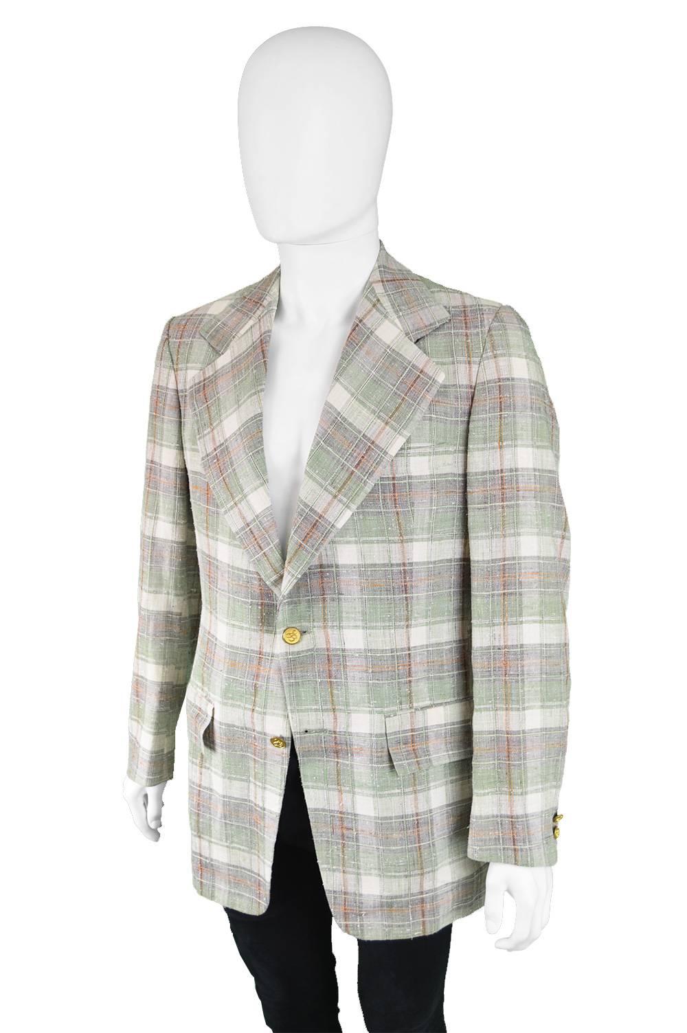 Gray Geoffrey Beene Vintage Mens Checked Linen Sport Coat Blazer Jacket, 1970s