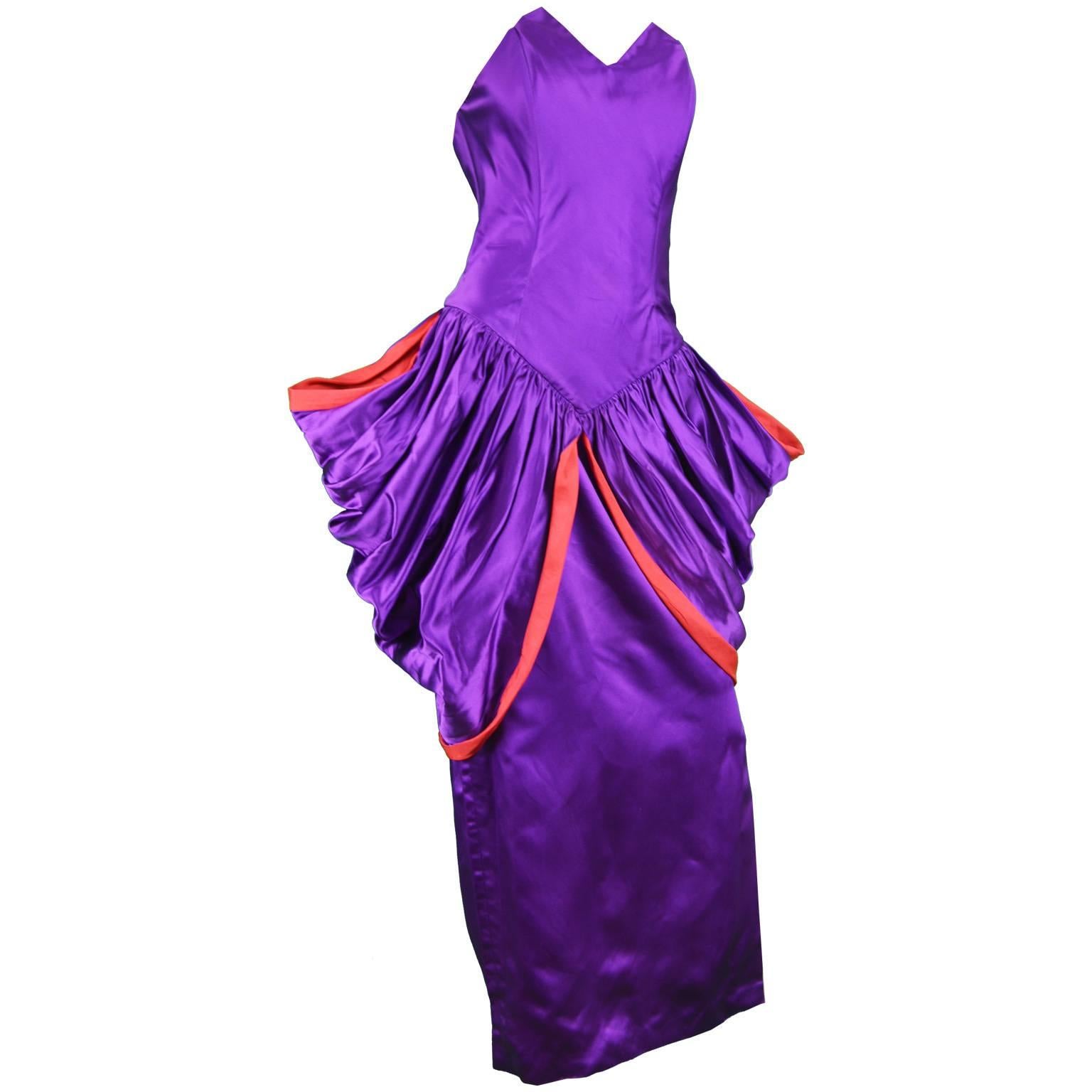 Yuki Architectural Purple & Red Silk Satin Couture Evening Dress, 1980s For Sale