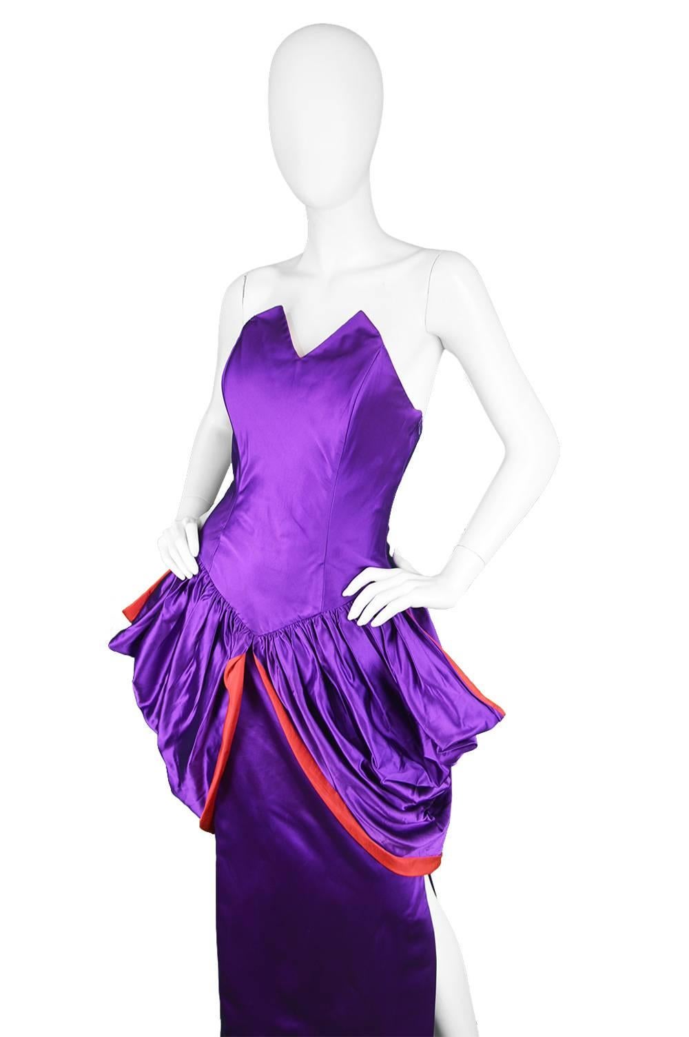 Yuki Architectural Purple & Red Silk Satin Couture Evening Dress, 1980s In Excellent Condition In Doncaster, South Yorkshire