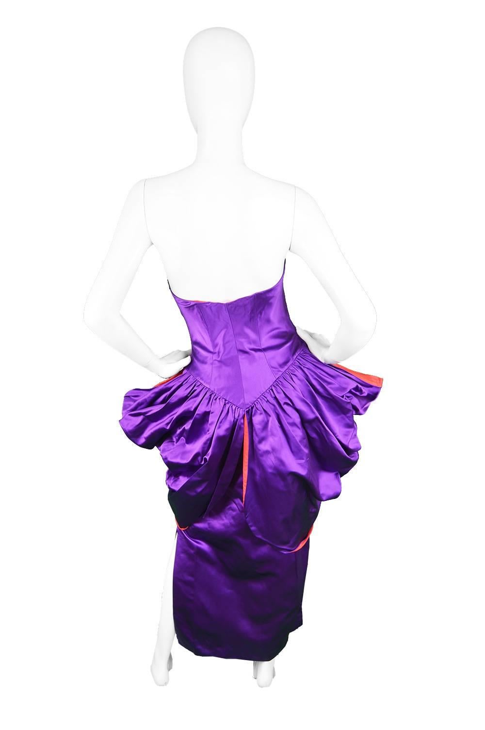 Yuki Architectural Purple & Red Silk Satin Couture Evening Dress, 1980s 1