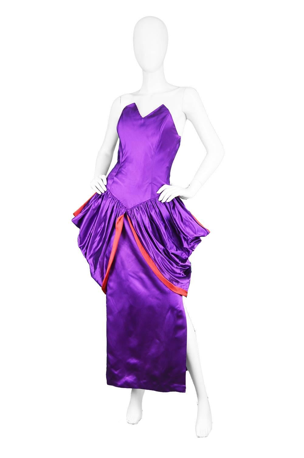 Women's Yuki Architectural Purple & Red Silk Satin Couture Evening Dress, 1980s For Sale