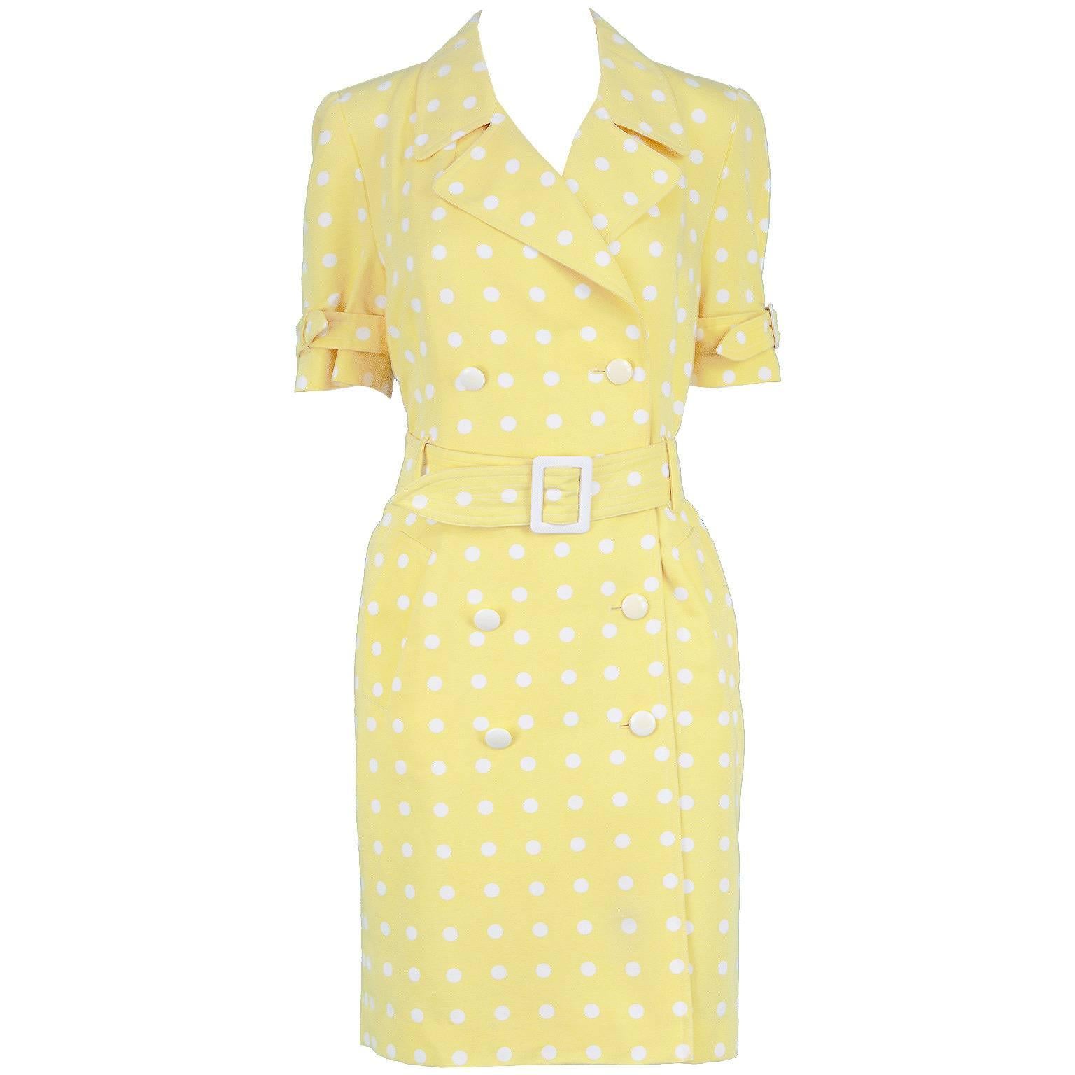 Escada Vintage Yellow & White Polka Dot Short Sleeve Trench Coat Dress, 1980s