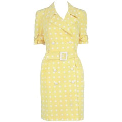 Escada Vintage Yellow & White Polka Dot Short Sleeve Trench Coat Dress, 1980s