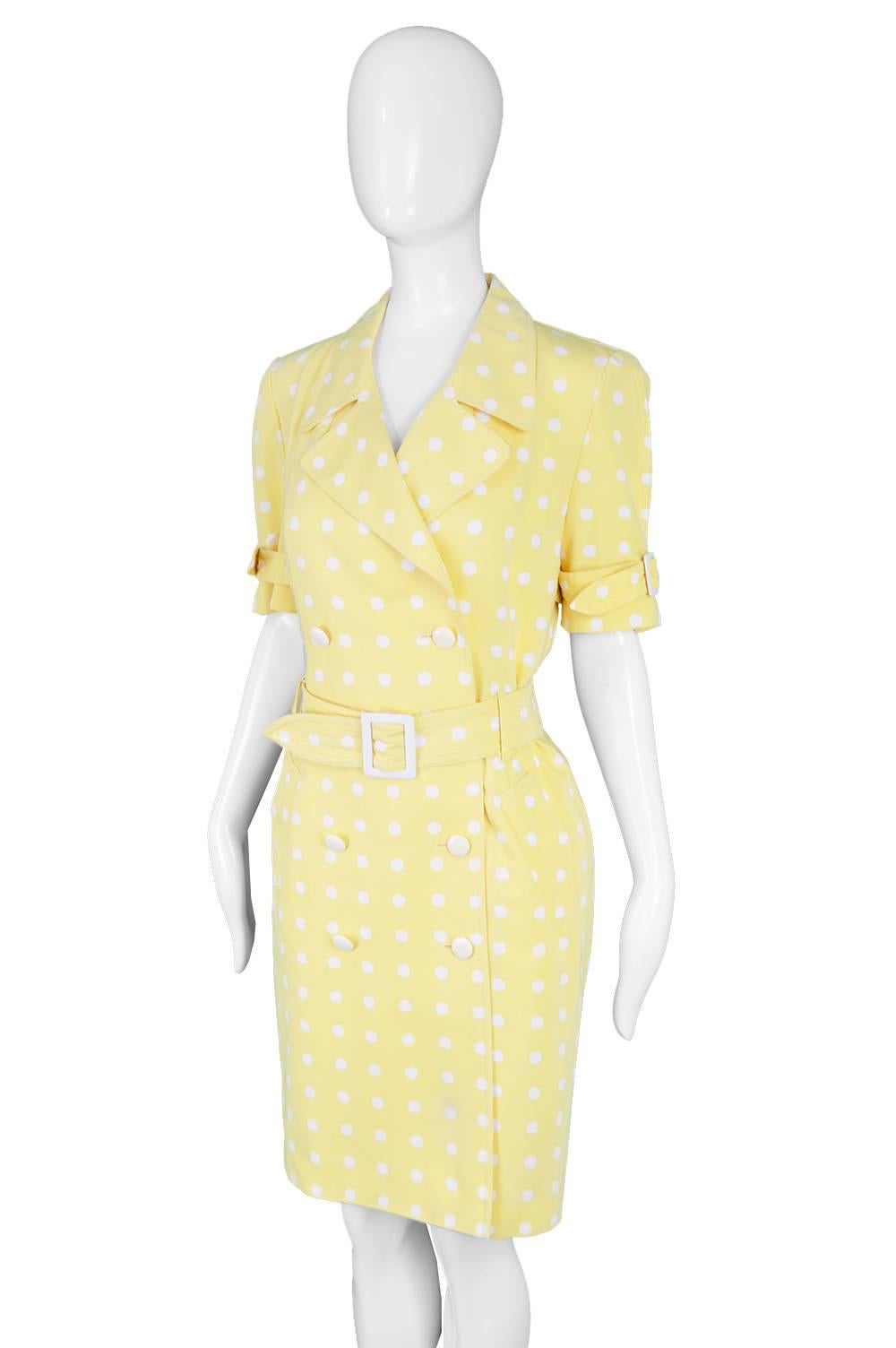 Women's Escada Vintage Yellow & White Polka Dot Short Sleeve Trench Coat Dress, 1980s