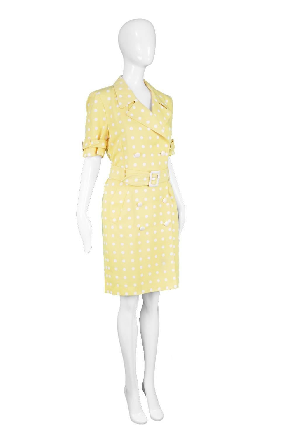 Escada Vintage Yellow & White Polka Dot Short Sleeve Trench Coat Dress, 1980s 1