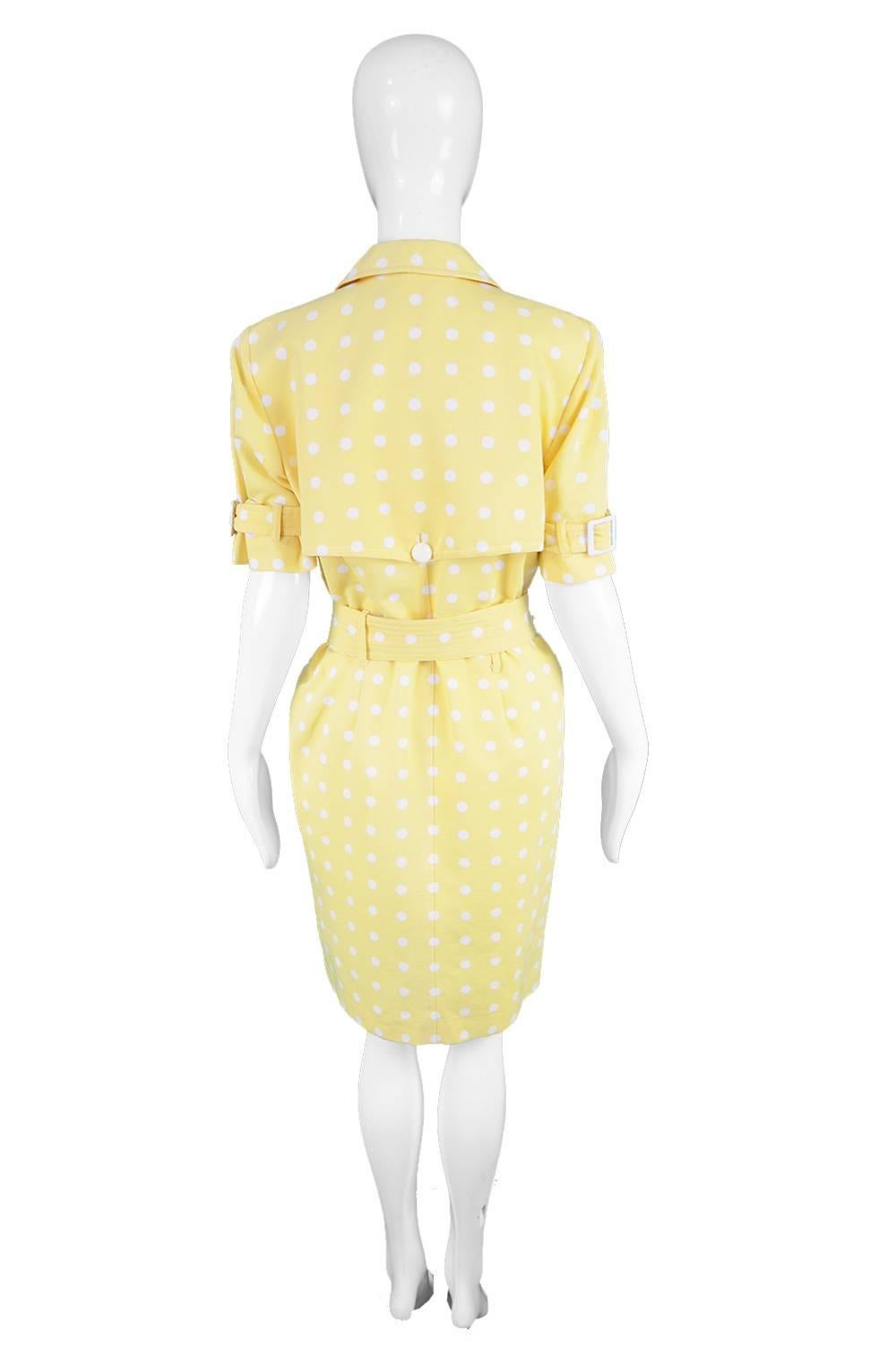 Escada Vintage Yellow & White Polka Dot Short Sleeve Trench Coat Dress, 1980s 2