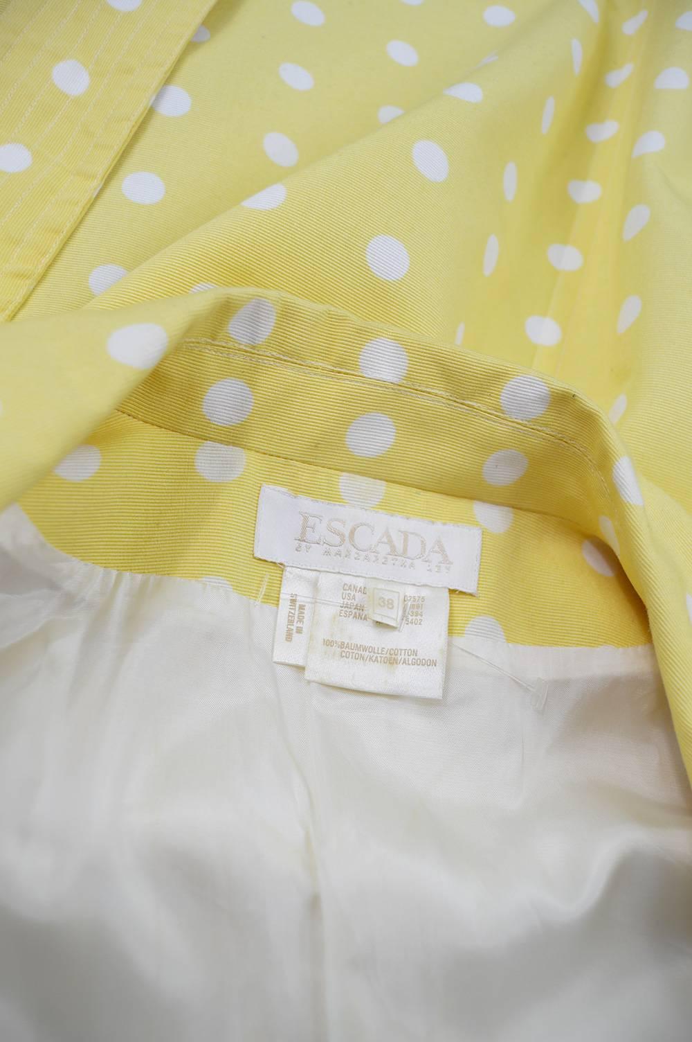 Escada Vintage Yellow & White Polka Dot Short Sleeve Trench Coat Dress, 1980s 3