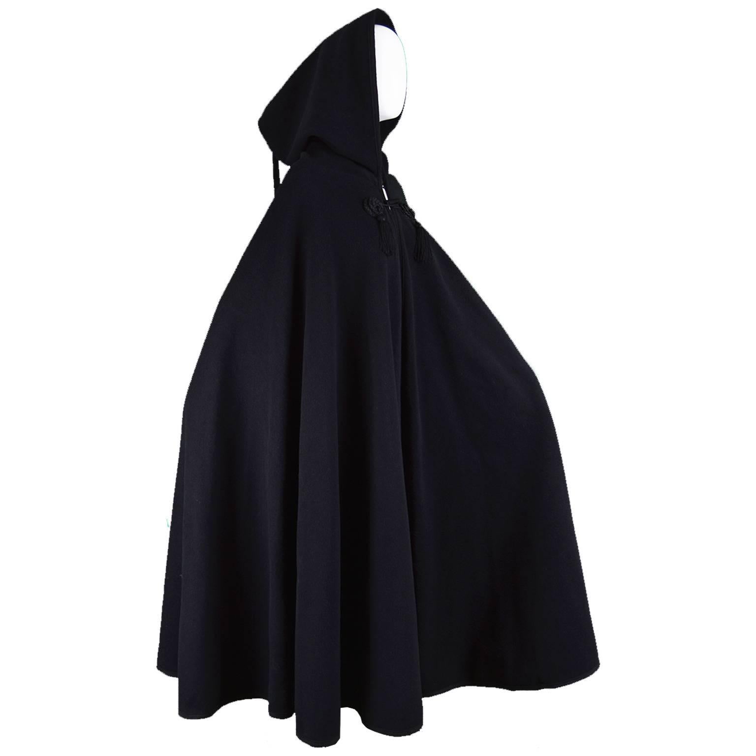 Harrods Younger Set Vintage Tasselled Black Wool Cape Cloak, 1960s