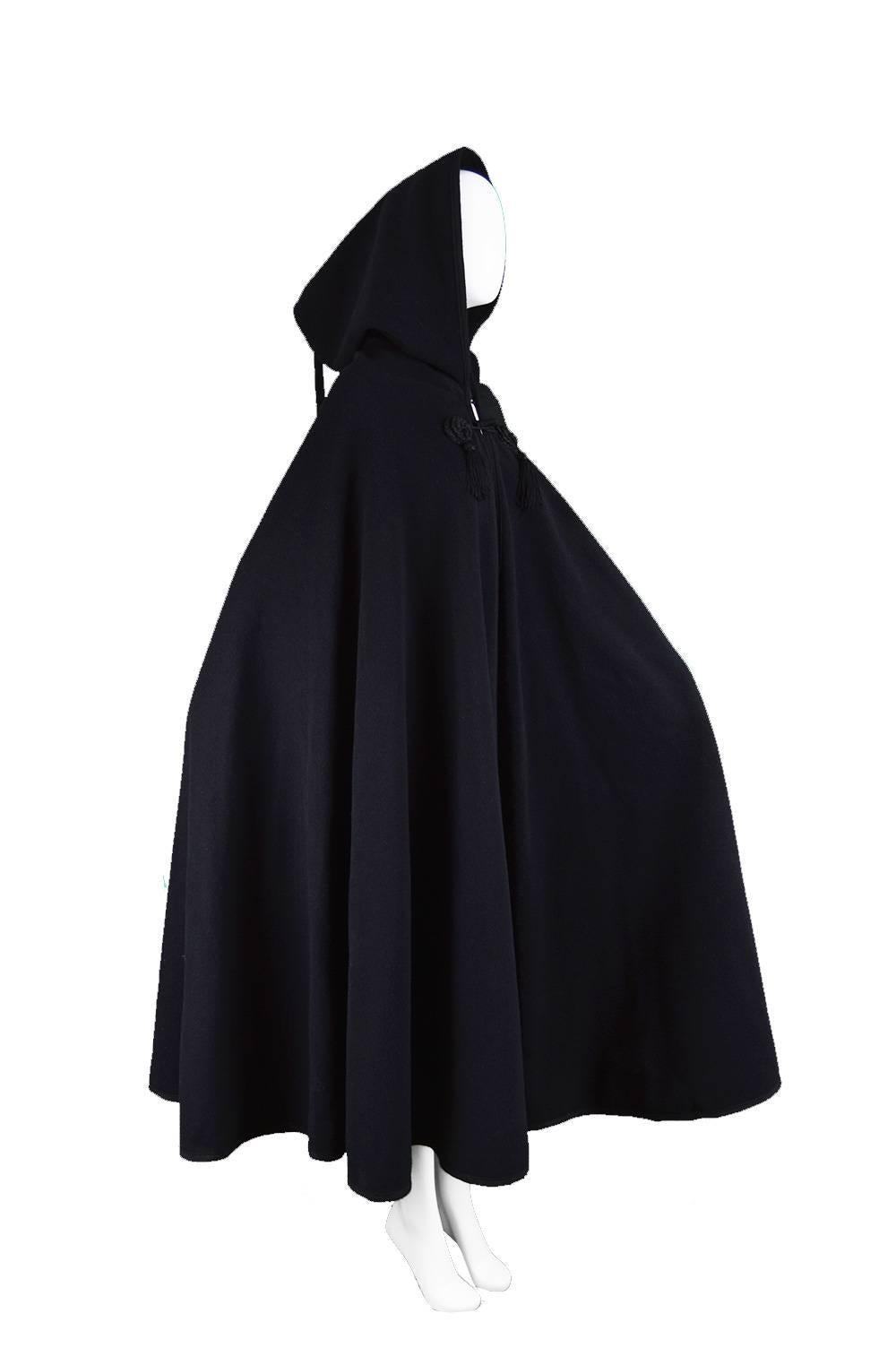 Women's Harrods Younger Set Vintage Tasselled Black Wool Cape Cloak, 1960s
