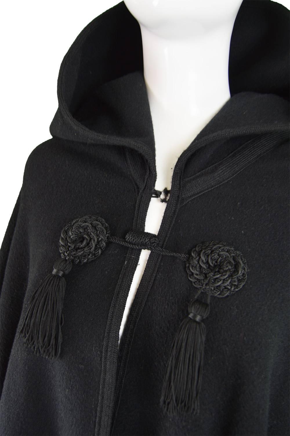Harrods Younger Set Vintage Tasselled Black Wool Cape Cloak, 1960s In Excellent Condition In Doncaster, South Yorkshire