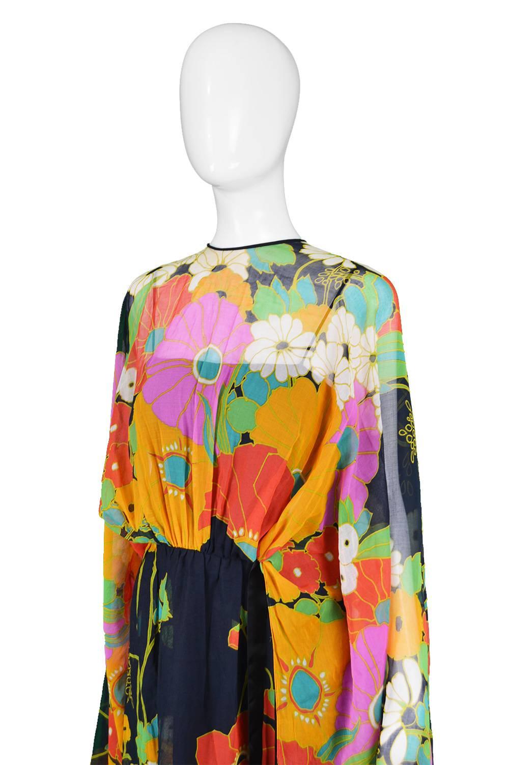 Women's Capriccio Vintage Cotton Kimono Sleeve Vibrant Multicolored Dress, 1970s