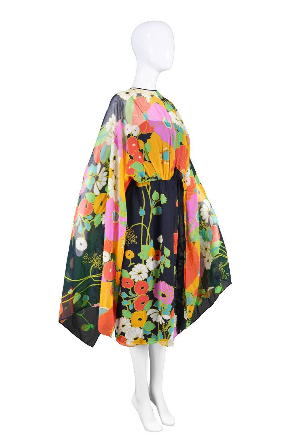 Beige Capriccio Vintage Cotton Kimono Sleeve Vibrant Multicolored Dress, 1970s