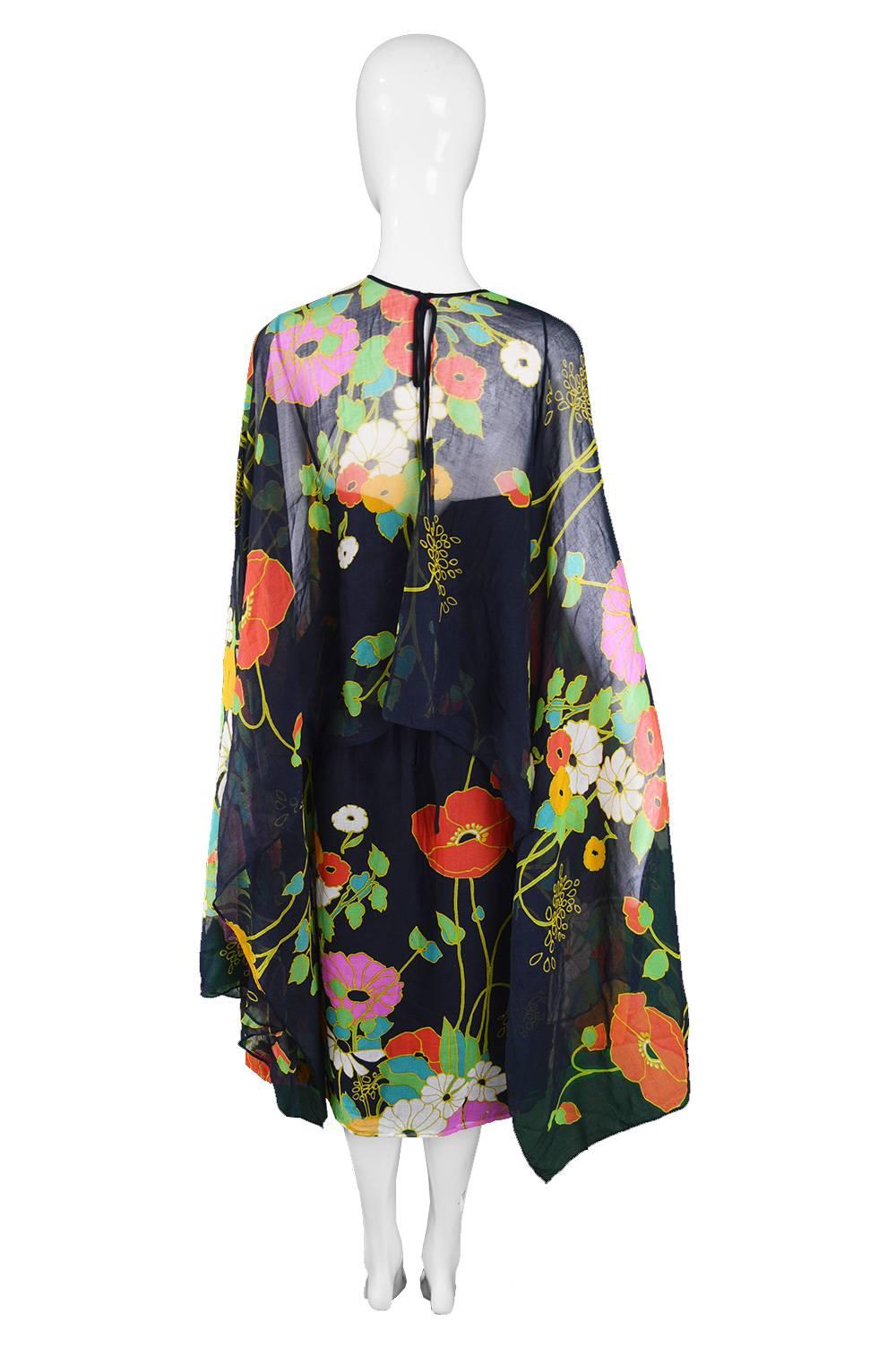 Capriccio Vintage Cotton Kimono Sleeve Vibrant Multicolored Dress, 1970s 1