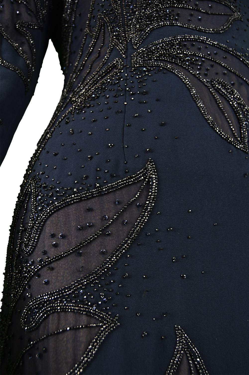 Black Renato Balestra Italian Haute Couture Vintage Beaded Evening Dress, 1980s 