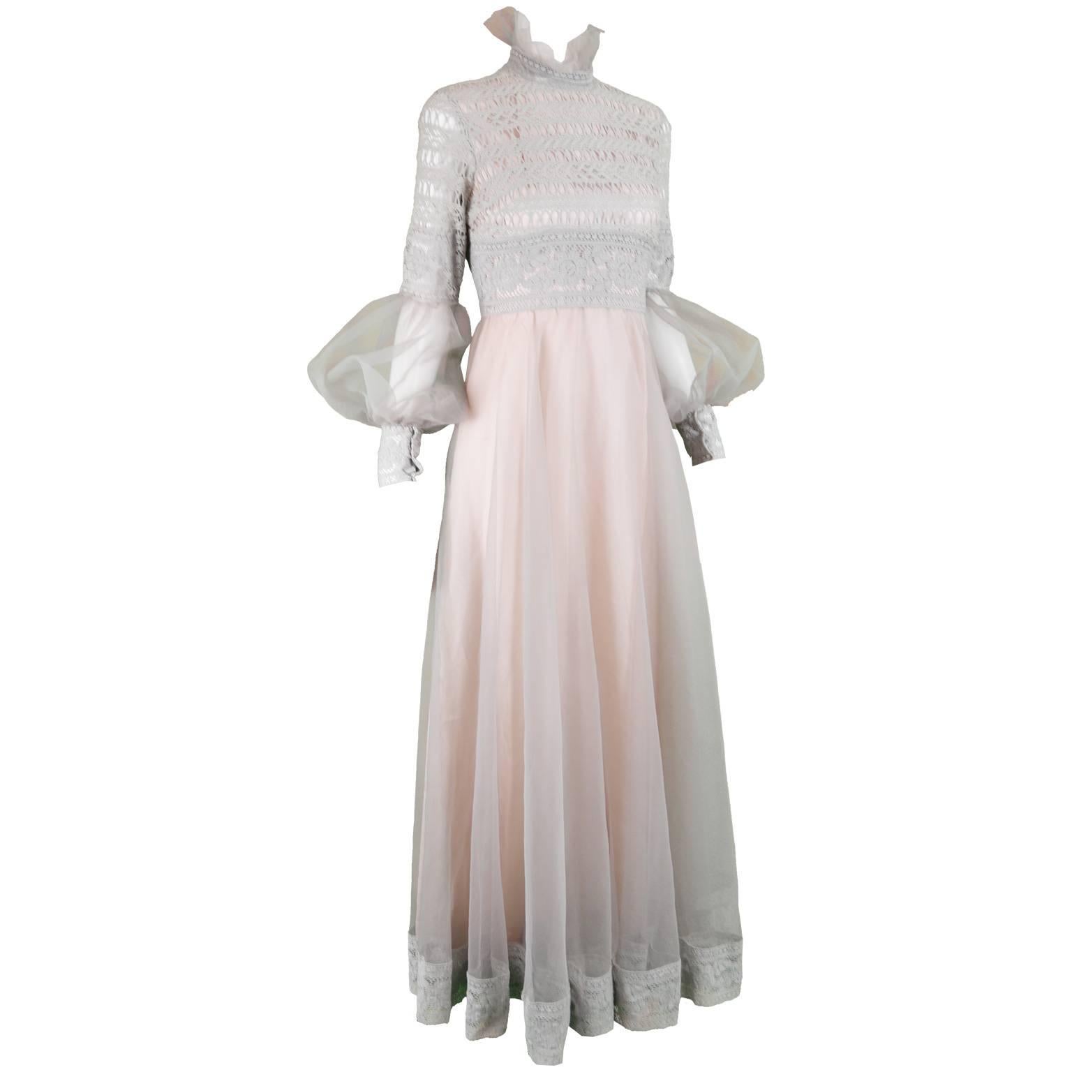 Jean Varon Vintage Gray & Pastel Pink Lace and Organza Evening Dress, 1970s For Sale