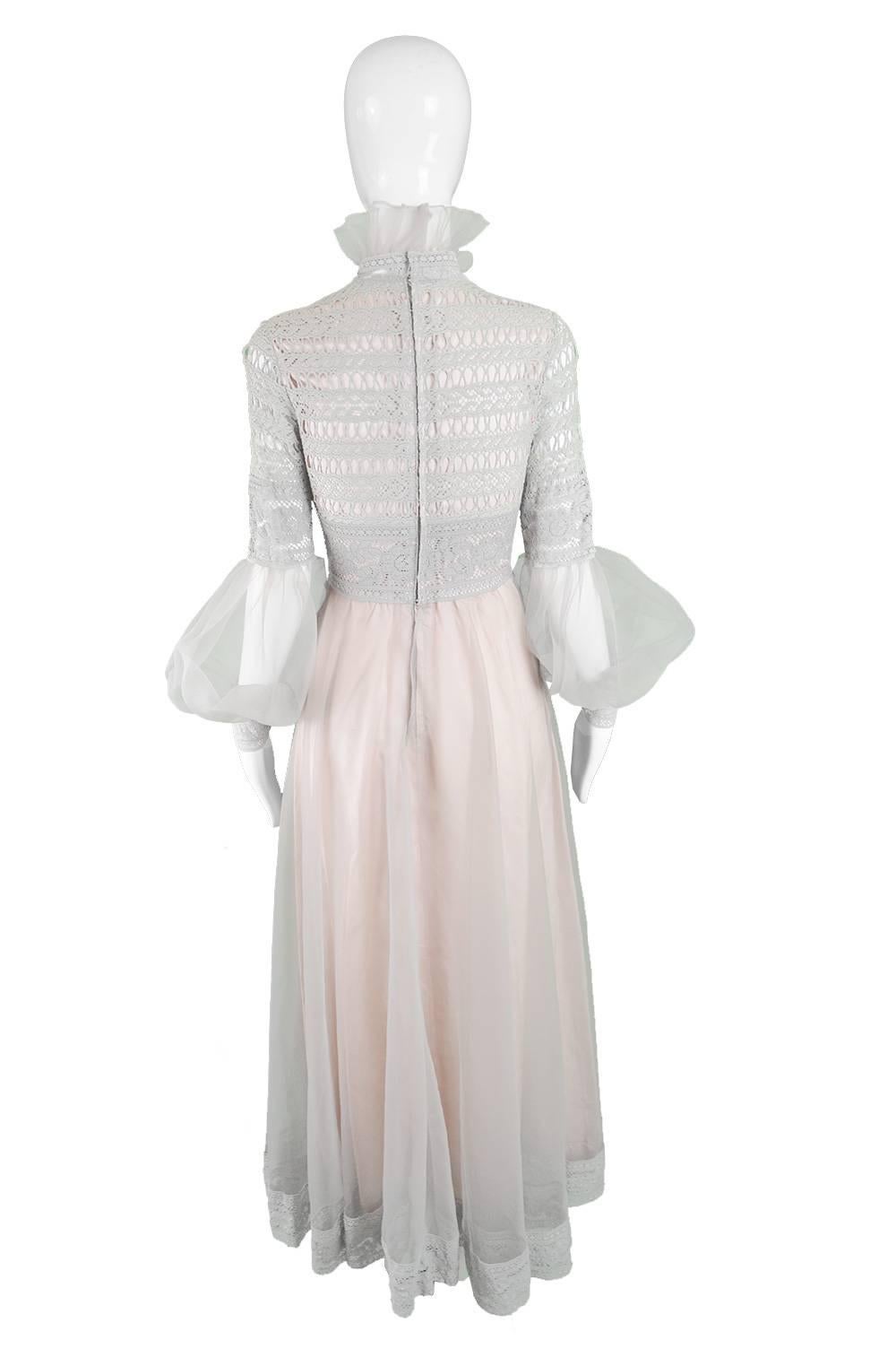 Jean Varon Vintage Gray & Pastel Pink Lace and Organza Evening Dress, 1970s For Sale 3