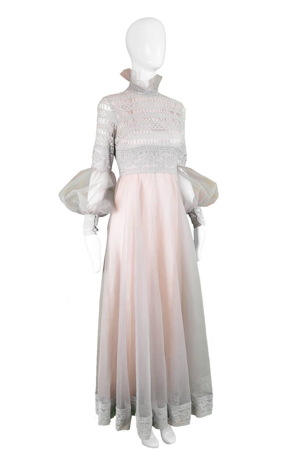 Women's Jean Varon Vintage Gray & Pastel Pink Lace and Organza Evening Dress, 1970s