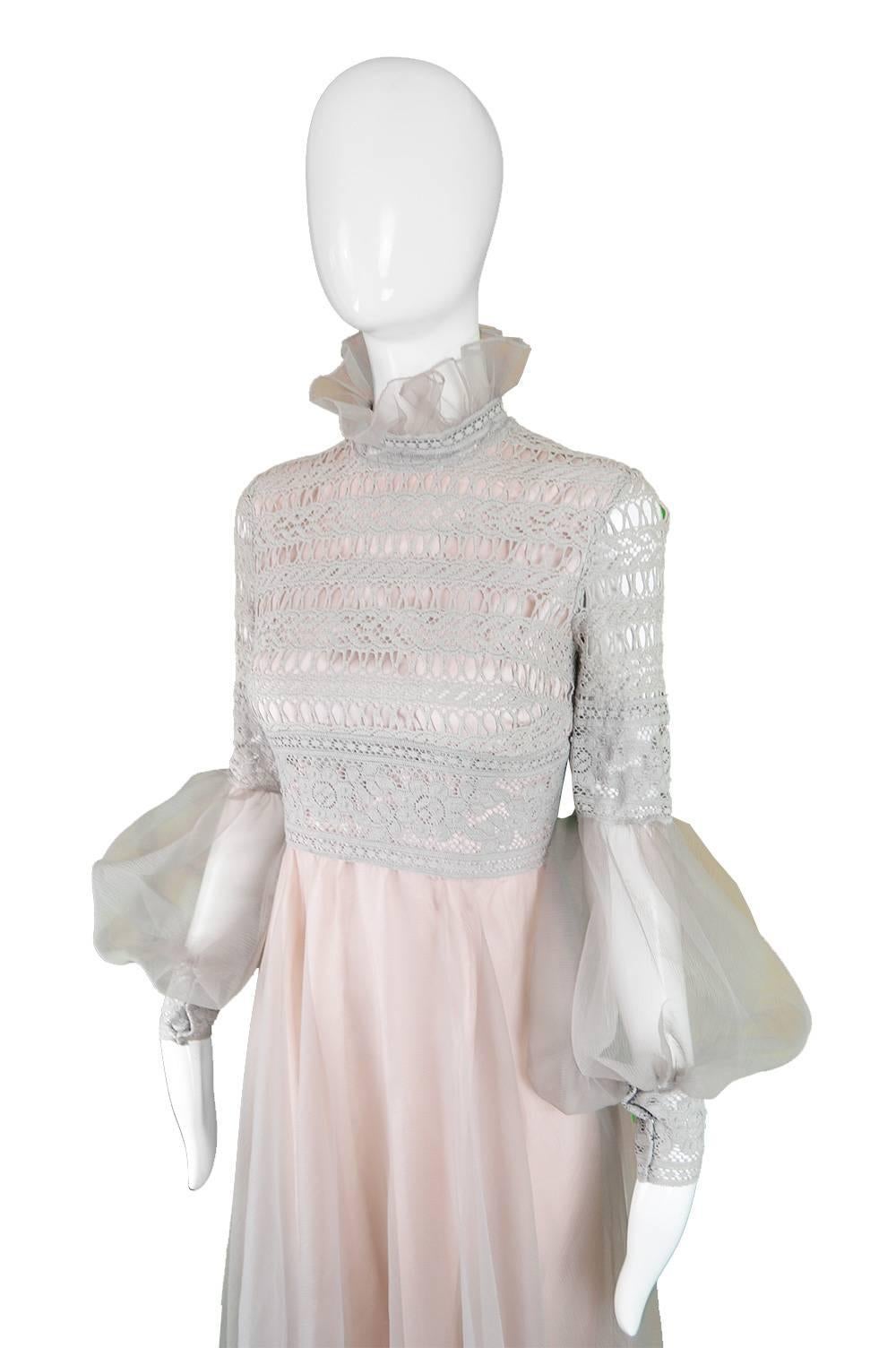 Jean Varon Vintage Gray & Pastel Pink Lace and Organza Evening Dress, 1970s In Good Condition In Doncaster, South Yorkshire