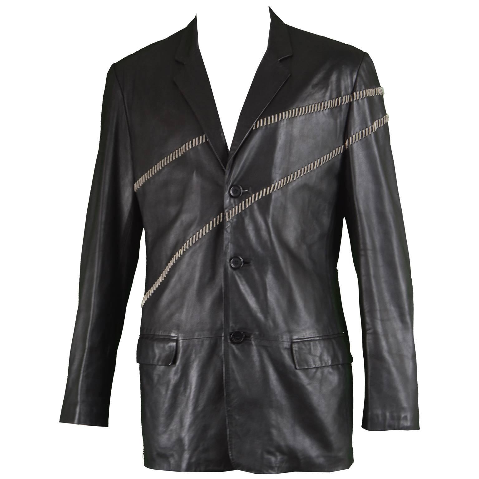 Gianni Versace Vintage Men's Leather Chain Embroidered Blazer Jacket, 1990s