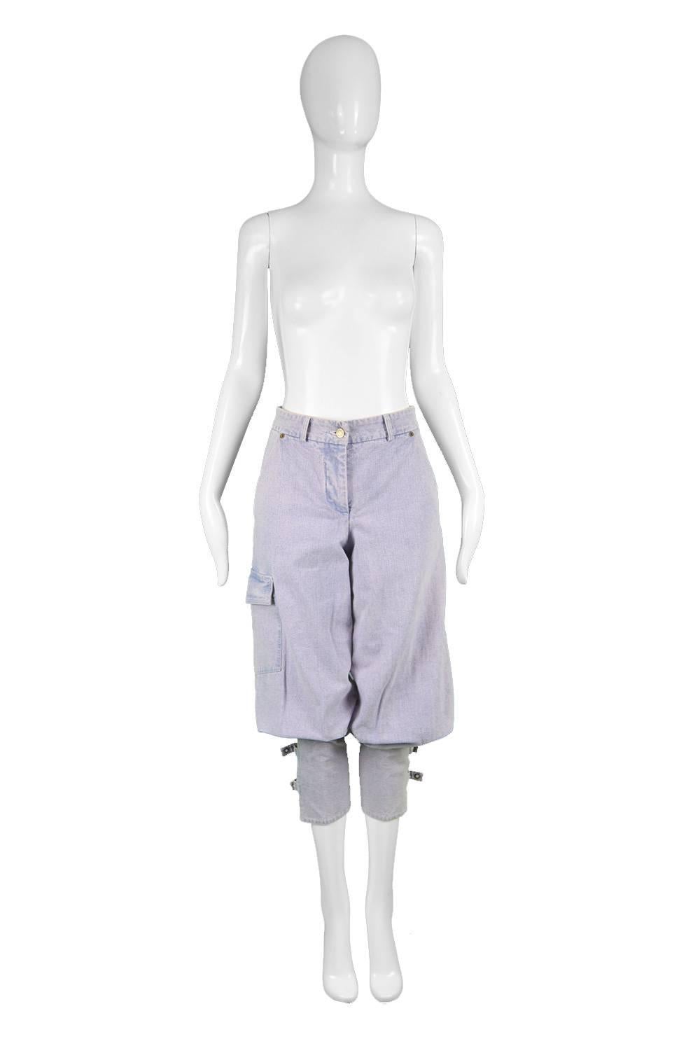 Chloé by Phoebe Philo Blue Pastel Pink Overdyed Denim Jeans / Shorts, S/S 2002

Estimated Modern Size: UK 10-12/ US 6-8/ EU 38-40. Please check measurements.  
Waist - 30” / 76cm
Hips - 38” / 96cm
Rise - 11” / 28cm
Inside Leg (full length) - 30” /