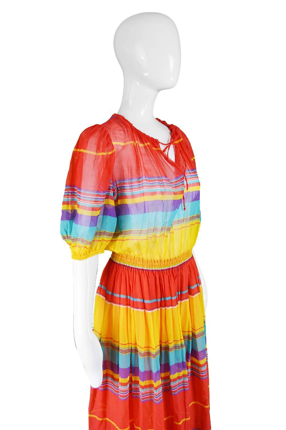 Céline Vintage Brightly Multicolored Cotton Gauze Striped Peasant Dress, 1970s 1