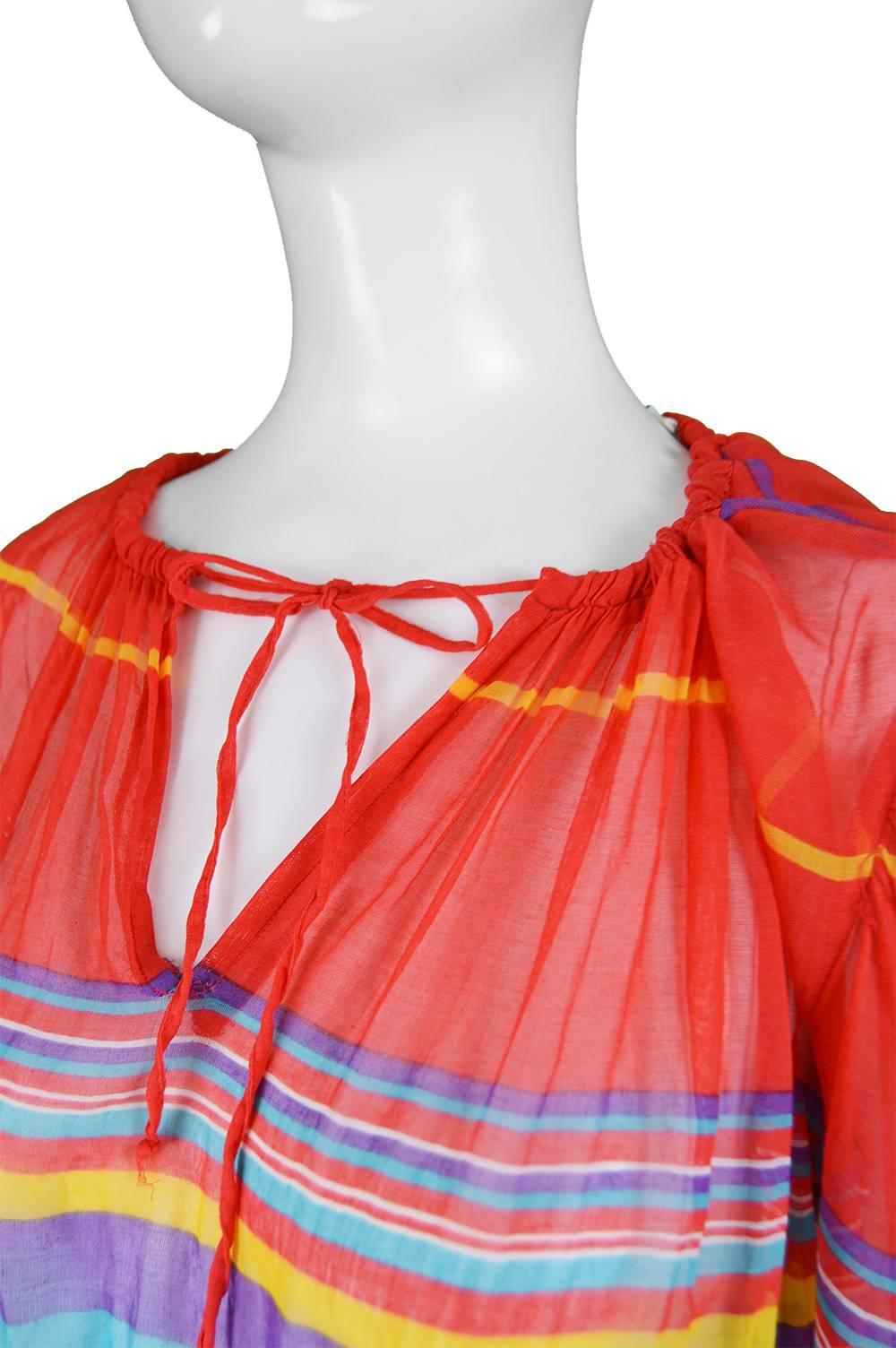 Red Céline Vintage Brightly Multicolored Cotton Gauze Striped Peasant Dress, 1970s