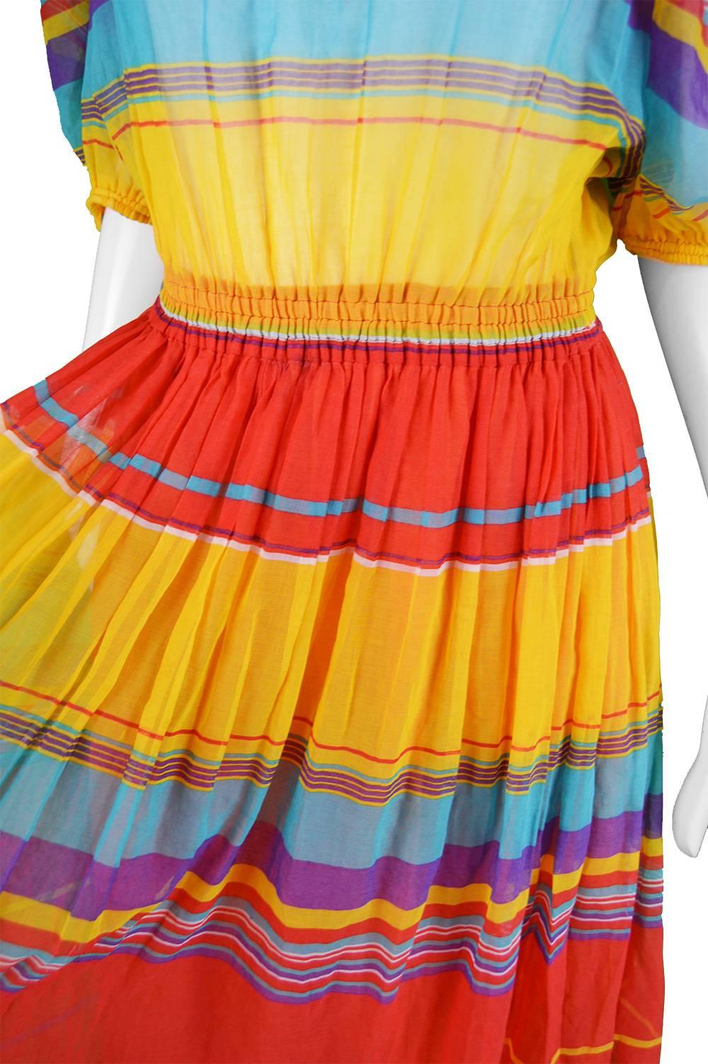 Women's Céline Vintage Brightly Multicolored Cotton Gauze Striped Peasant Dress, 1970s For Sale